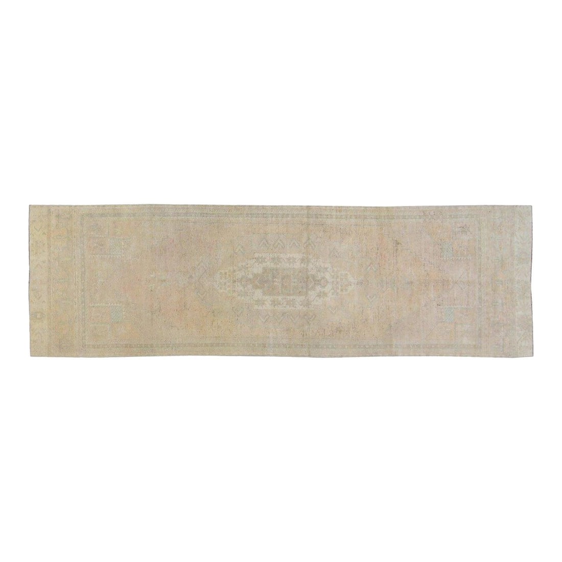 Turkish Oushak Wool Runner Hand Knotted 3'1'' x 10'10'' Vintage Rug: Turkish Oushak Wool Runner Hand Knotted 3'1'' x 10'10'' Vintage Rug This vintage Turkish Oushak rug is hand-knotted from wool using traditional techniques, blending timeless craftsmanship with a moder