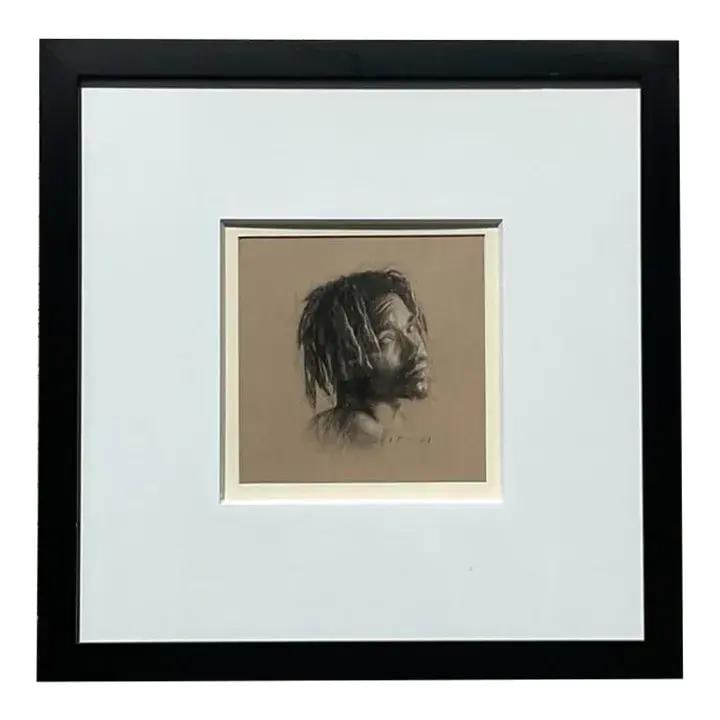 Original Artist-Signed Charcoal Portrait Sketch of Thoughtful Young Man: Original Artist-Signed Charcoal Portrait Sketch of Thoughtful Young Man This vintage Boho charcoal sketch depicts a young man in deep thought, rendered with detailed shading and expressive realism. Th