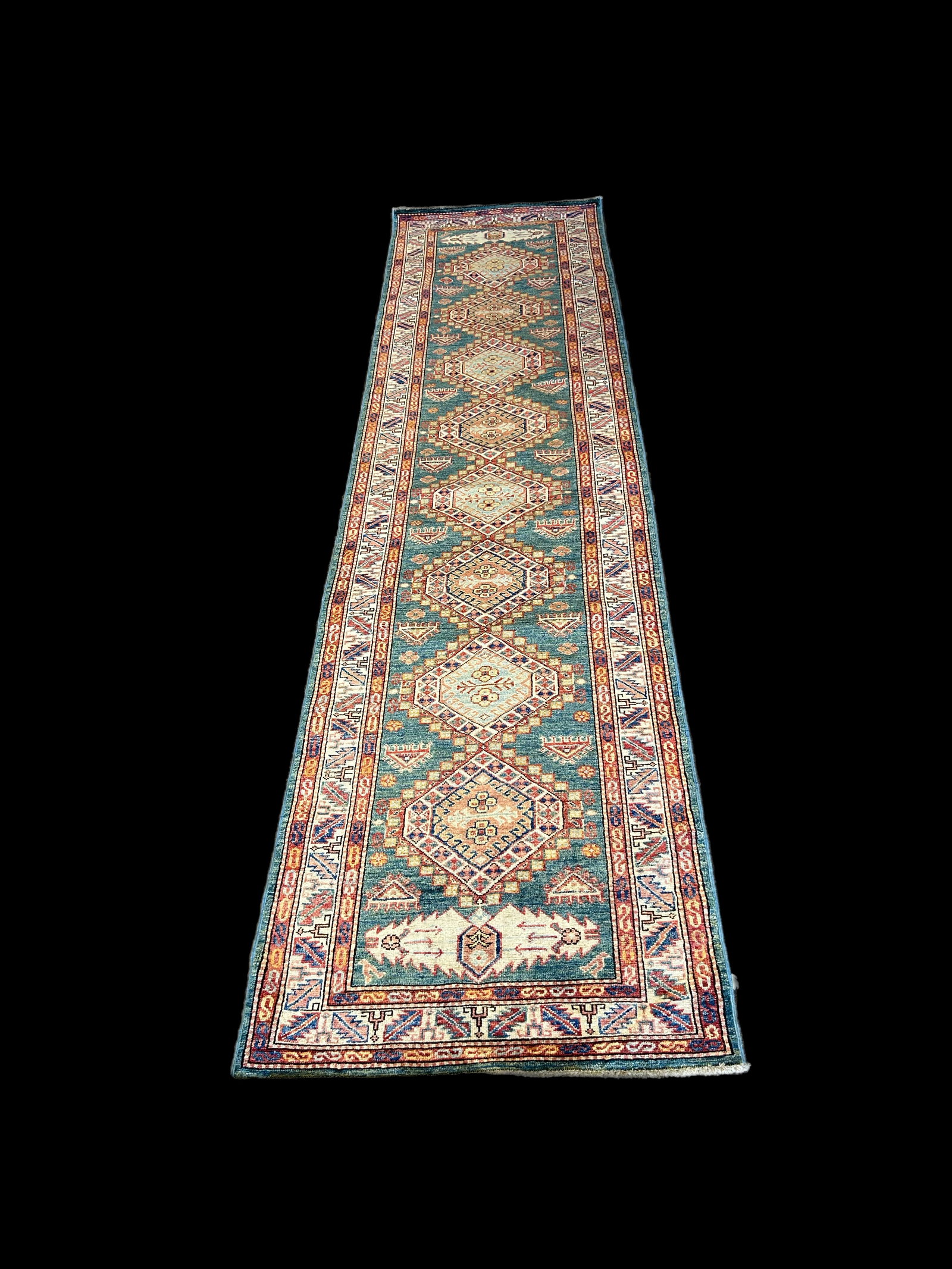 2'10" x 11'3" Sea Green Super Kazak Rug Handcrafted Wool: 2'10" x 11'3" Sea Green Super Kazak Rug Handcrafted Wool Free continental US Shipping Enhance your living space with the exquisite Sea Green Super Kazak Rug, a stunning blend of traditional craftsmans