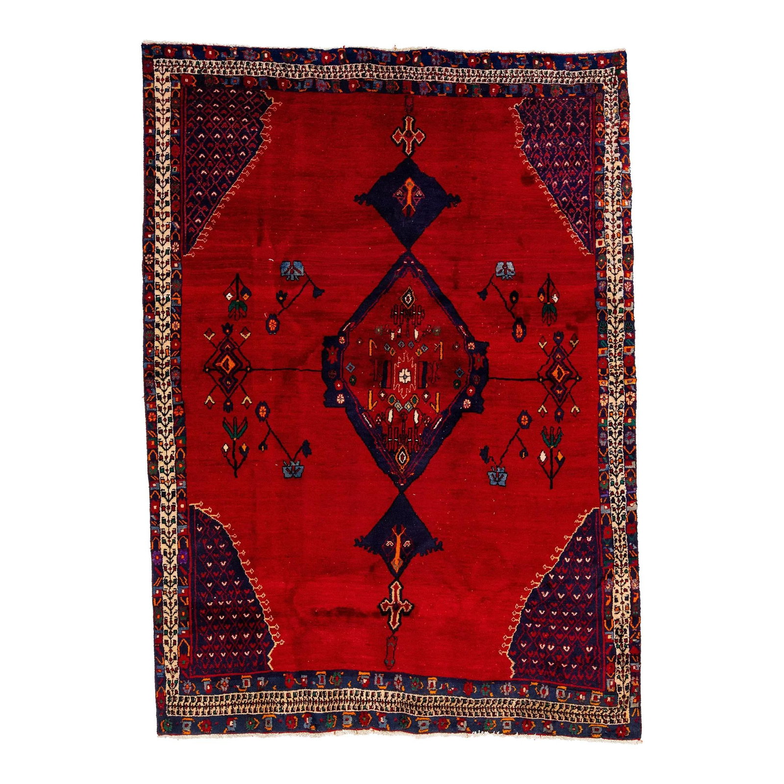 1960s Persian Shiraz Handmade Red Wool Rug Medallion Design 5'9 x 7'11: 1960s Persian Shiraz Handmade Red Wool Rug Medallion Design 5'9 x 7'11 Enhance your space with this stunning vintage Persian Shiraz rug, meticulously handmade in the 1960s. Featuring a vibrant red fie