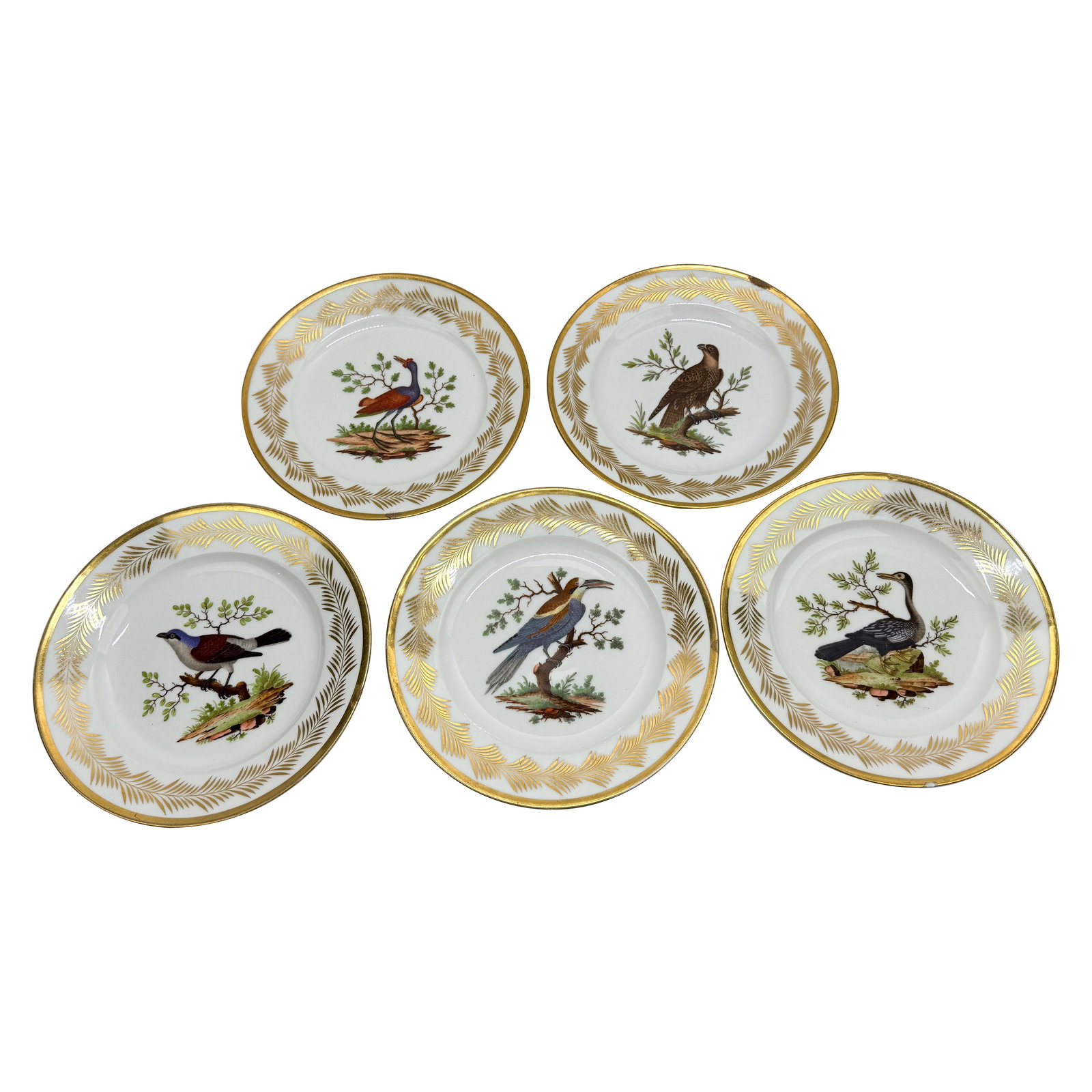 Set of 5 French Nast Factory Ornithological Dessert Plates C. 1815: Set of 5 French Nast Factory Ornithological Dessert Plates C. 1815 This exquisite set of five French porcelain dessert plates from the renowned Nast Factory, Paris, dates back to circa 1815. Each plat