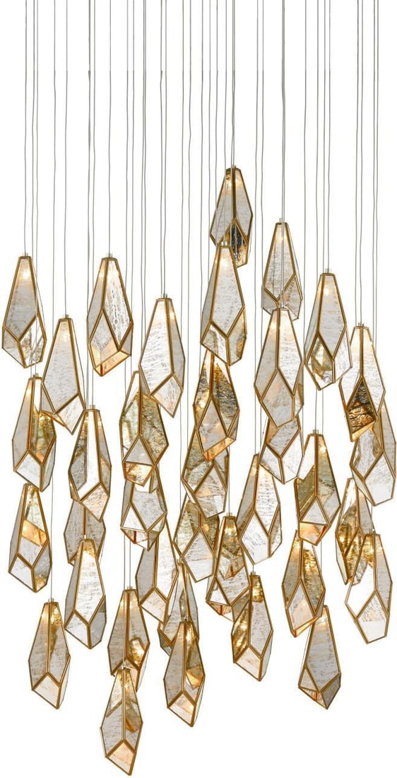 Currey Glace Brass Raj Mirror Multi-Drop Pendant 36-Light: Currey Glace Brass Raj Mirror Multi-Drop Pendant 36-Light Illuminate your space with the Elegant Raj Mirror Multi-Drop Pendant Lighting, designed in an antique or vintage style. This exquisite pendant