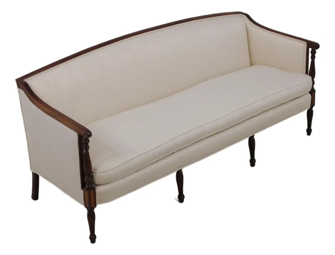 Mahogany Sheraton Inspired Sofa with White Upholstery and Fluted Tapered Legs: Mahogany Sheraton Inspired Sofa with White Upholstery and Fluted Tapered Legs This Sheraton style sofa features high-quality mahogany construction and traditional design elements, including tapered an