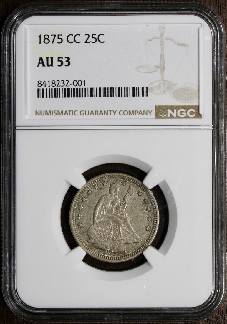 1875-CC Seated Liberty Quarter 25C NGC Certified Key Date: 1875-CC Seated Liberty Quarter 25C NGC Certified Key Date This 1875-CC Seated Liberty Quarter is a key date coin minted in Carson City, showcasing a rich history. It is composed of silver with a finen
