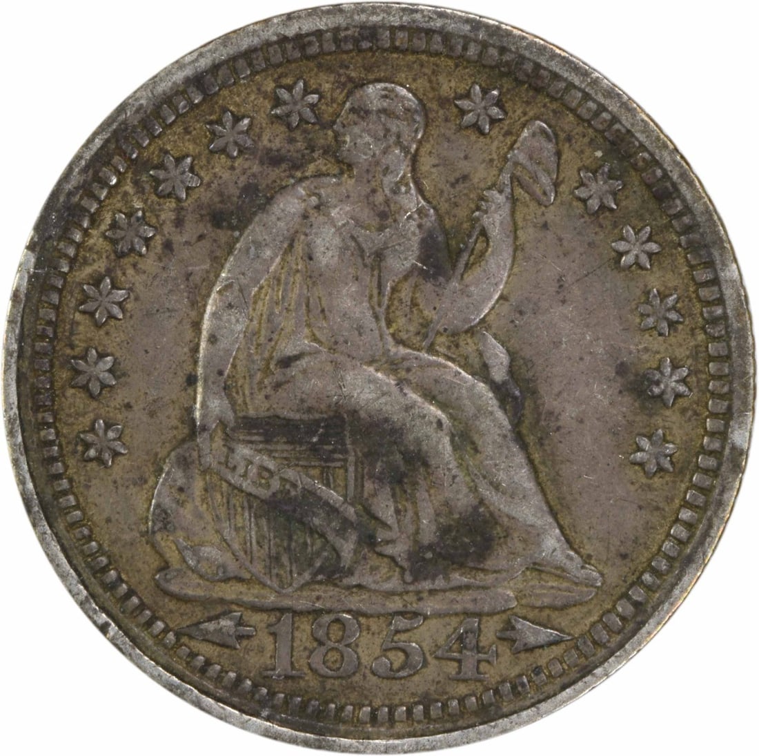 1854 Liberty Seated Half Dime 90% Silver Uncertified EF: 1854 Liberty Seated Half Dime 90% Silver Uncertified EF This 1854 Liberty Seated Silver Half Dime features a striking design by Christian Gobrecht and is a notable piece for collectors. The coin is cl