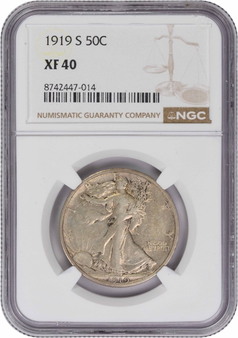 1919 San Francisco Walking Liberty Half Dollar NGC EF40 Certified: 1919 San Francisco Walking Liberty Half Dollar NGC EF40 Certified This 1919-S Walking Liberty Half Dollar is graded EF40 by NGC and was minted in San Francisco. Designed by Adolph Alexander Weinman, t