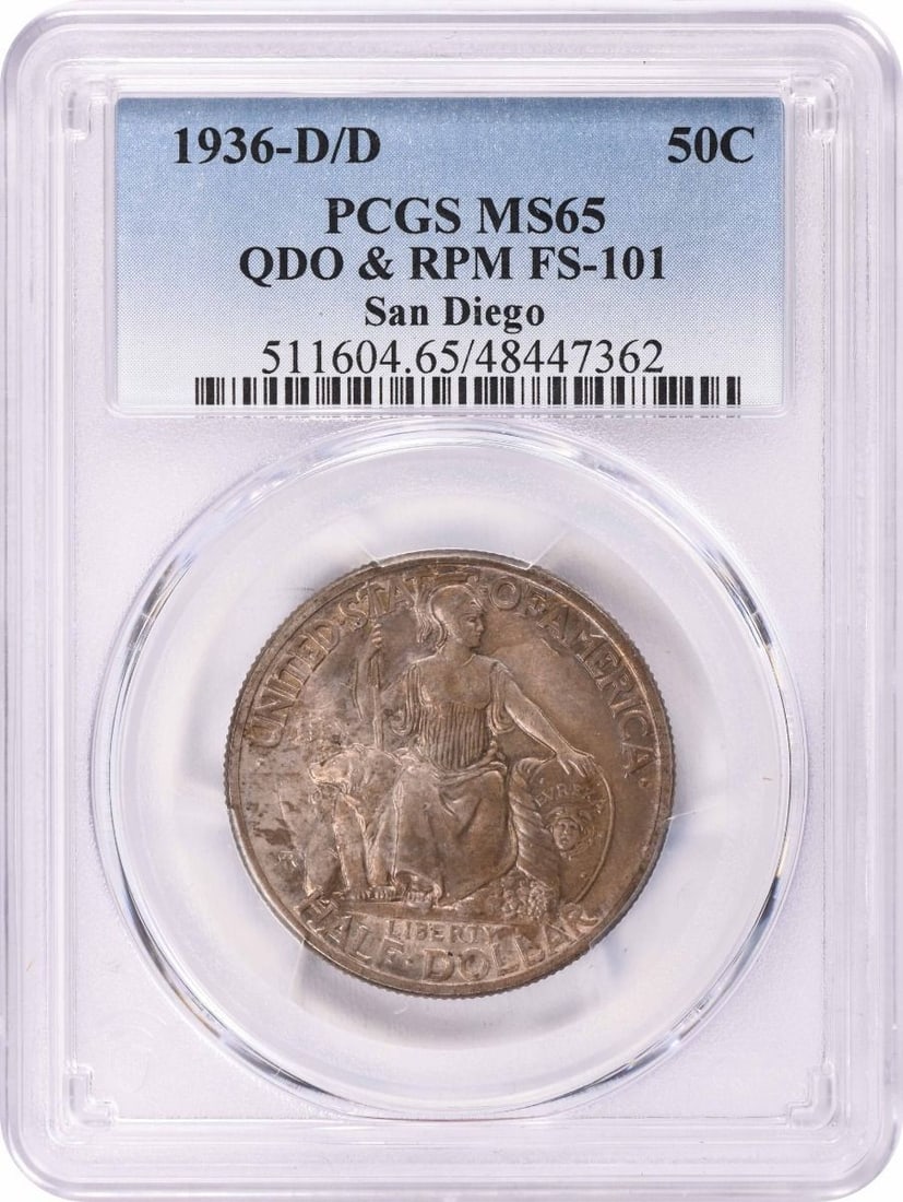 1936 San Diego Commemorative Silver Half Dollar MS65 PCGS Denver Mint: 1936 San Diego Commemorative Silver Half Dollar MS65 PCGS Denver Mint This 1936-D/D San Diego Commemorative Silver Half Dollar is a remarkable collectible piece, graded MS65 by PCGS, ensuring its exce
