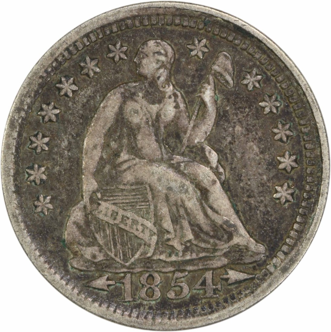 1854 Liberty Seated Half Dime 90% Silver EF Uncertified: 1854 Liberty Seated Half Dime 90% Silver EF Uncertified This 1854 Liberty Seated Silver Half Dime features the artistry of designer Christian Gobrecht and is a noteworthy piece for collectors. Struck 