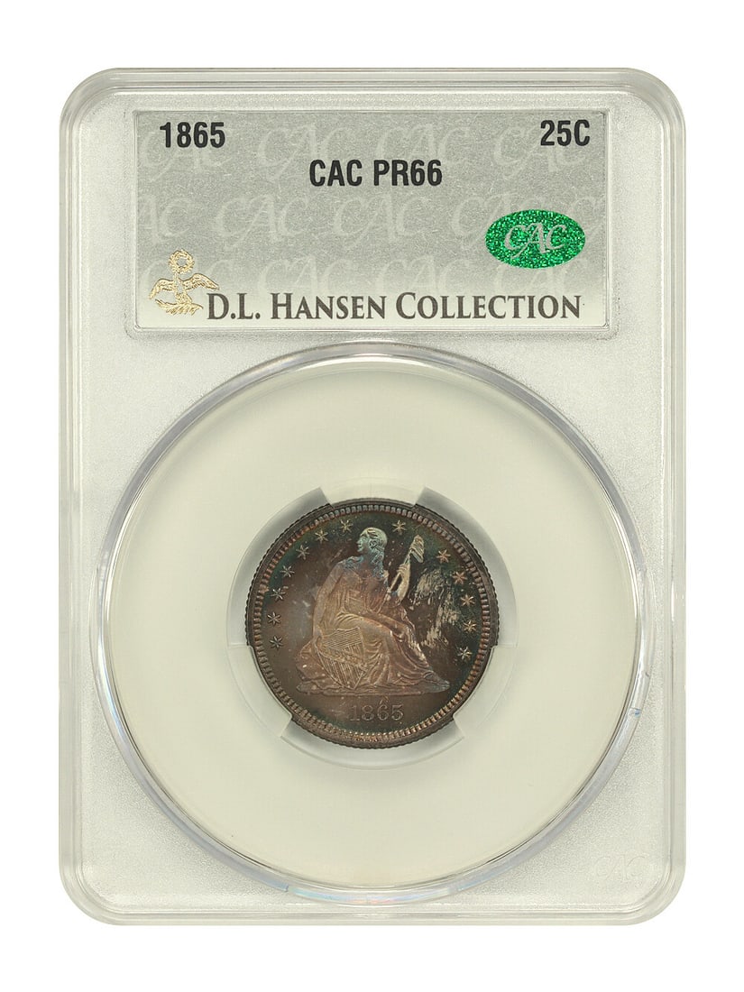 1865 Liberty Seated Quarter CACG PR66 D.L. Hansen Gem: 1865 Liberty Seated Quarter CACG PR66 D.L. Hansen Gem This 1865 Liberty Seated Quarter is a stunning example of numismatic artistry, certified by CACG with a grade of PR66. It features a striking unci