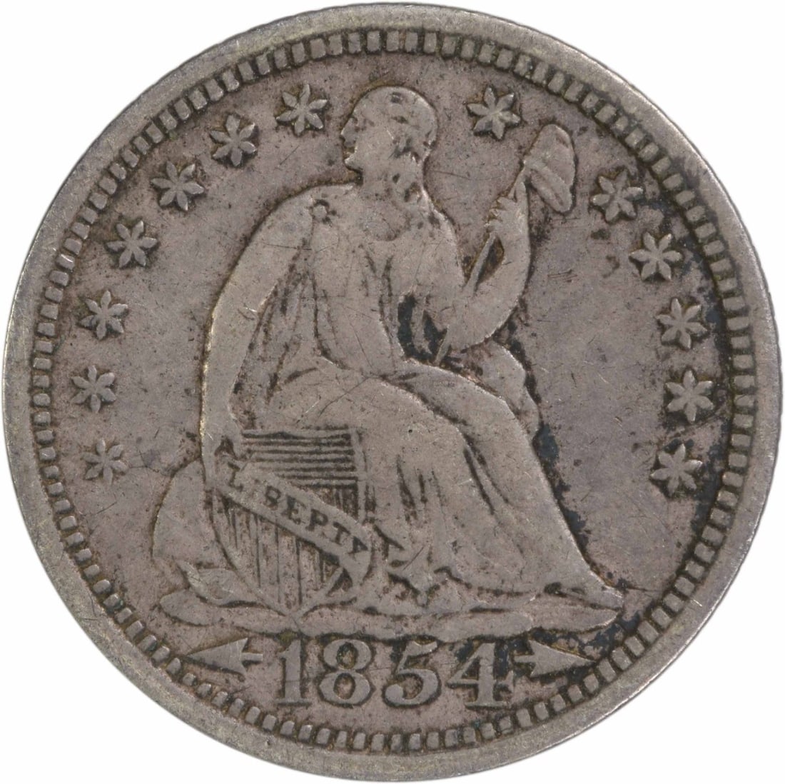 1854 Liberty Seated Half Dime VF Uncertified 90% Silver: 1854 Liberty Seated Half Dime VF Uncertified 90% Silver This 1854 Liberty Seated Silver Half Dime features a classic design by Christian Gobrecht and is a notable piece in U.S. numismatics. Struck at 
