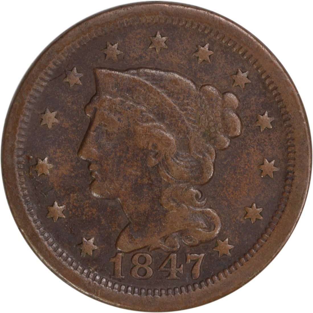 1847 Braided Hair Large Cent Copper VF Uncertified Philadelphia: 1847 Braided Hair Large Cent Copper VF Uncertified Philadelphia This 1847 Large Cent features the classic Braided Hair design by Christian Gobrecht, showcasing its rich history and craftsmanship. The 