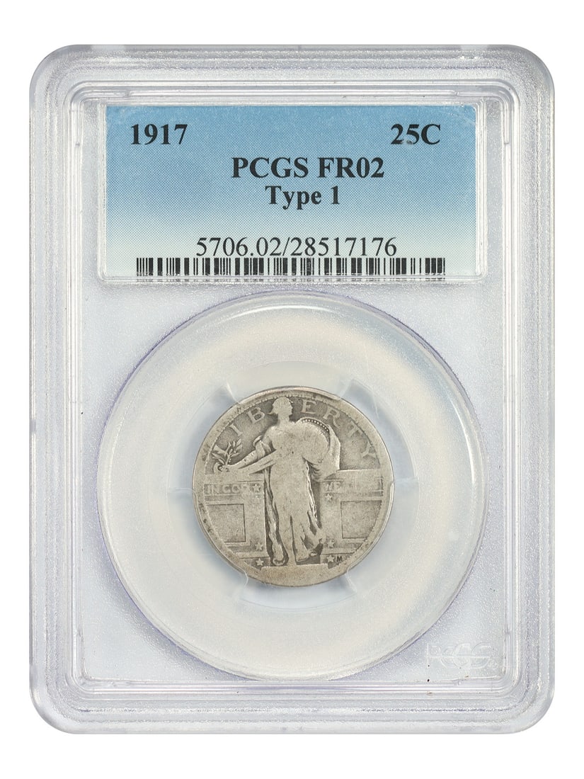 Standing Liberty Quarter 1917 Type 1 PCGS Fair 02 Graded Coin: Standing Liberty Quarter 1917 Type 1 PCGS Fair 02 Graded Coin This 1917 Standing Liberty Quarter is a circulated coin graded Fair 02 by PCGS. It features the Type 1 design and was minted in Philadelph