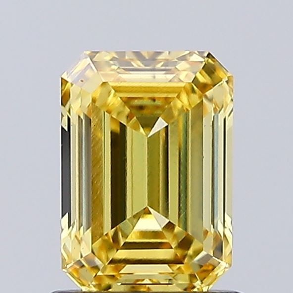 Loose Diamond - EMERALD 0.97ct Fancy Vivid Brownish Yellow VS1: Loose Diamond - EMERALD 0.97ct Fancy Vivid Brownish Yellow VS1 Source: This is a real non-mined Diamond that has been grown in a lab Shape: EMERALD Carats: 0.97 Color: Fancy Vivid Brownish Yellow Cert
