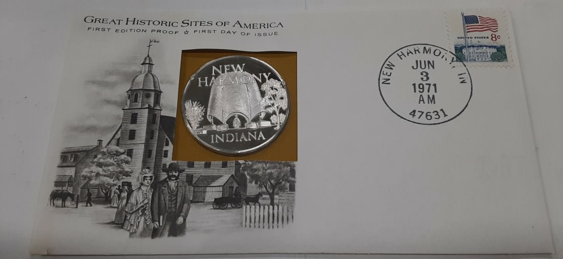 1971 New Harmony Indiana Sterling Silver Proof Medal First Day Cover by Franklin Mint (1 of 3)