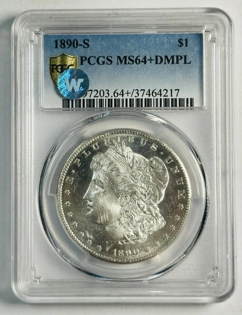 PCGS MS64 Plus DMPL 1890 San Francisco Morgan Silver Dollar Uncirculated: PCGS MS64 Plus DMPL 1890 San Francisco Morgan Silver Dollar Uncirculated This 1890 S Morgan Silver Dollar is certified by PCGS with a grade of MS-64+ DMPL, indicating exceptional quality and deep mirr