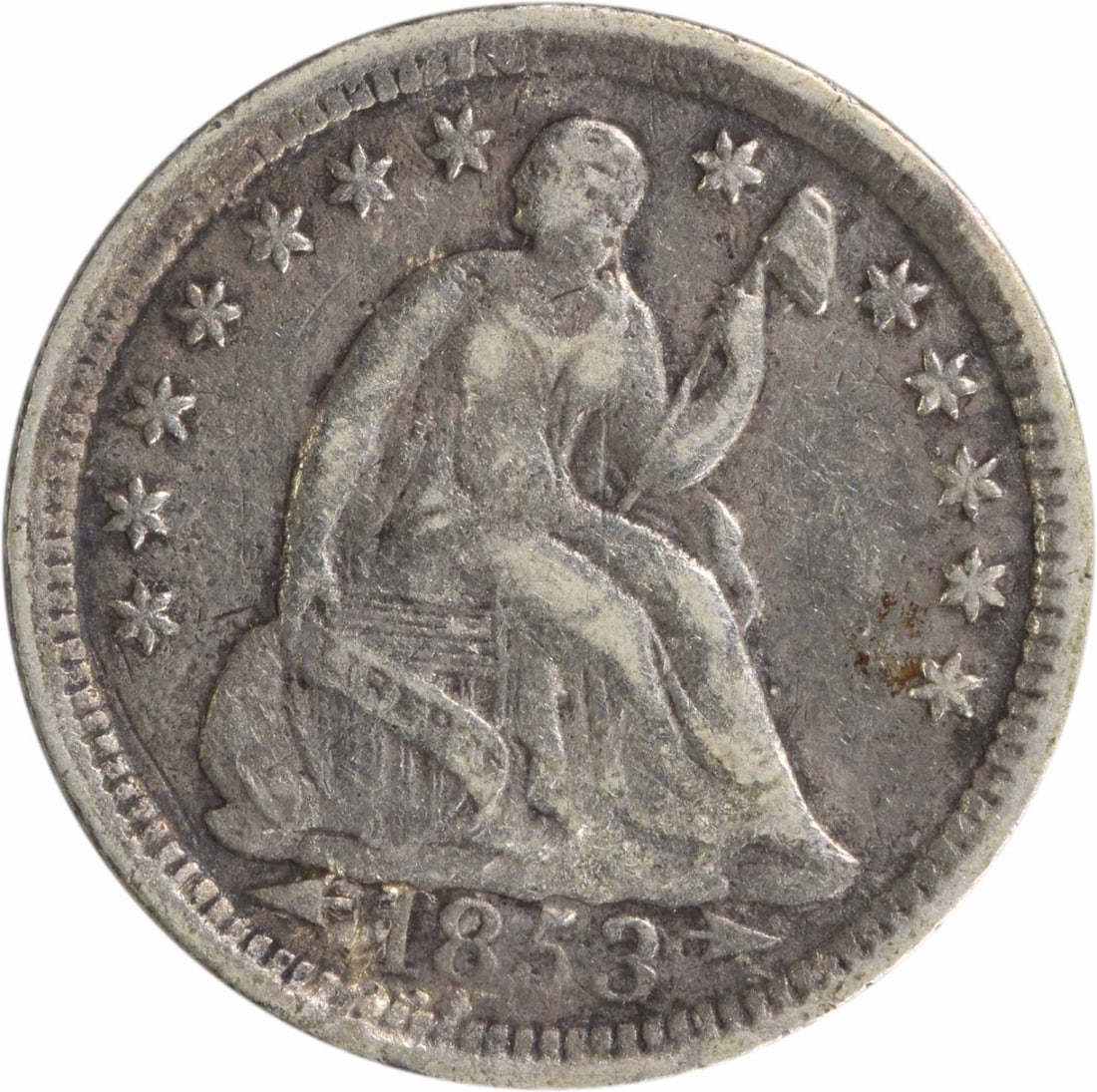 1853 Liberty Seated Half Dime 90% Silver EF Uncertified: 1853 Liberty Seated Half Dime 90% Silver EF Uncertified This 1853 Liberty Seated Silver Half Dime is a remarkable piece of American numismatic history. Struck at the Philadelphia Mint, this coin featu