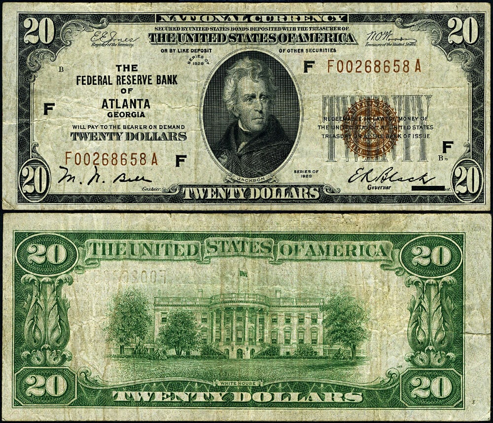1929 Atlanta $20 Federal Reserve Bank Note FR 1870 F F-A Block (1 of 3)