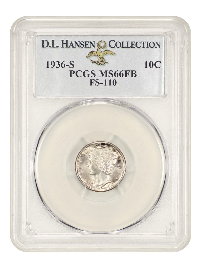 1936-S Mercury Dime 10C PCGS MS66 FB Rare Variety: 1936-S Mercury Dime 10C PCGS MS66 FB Rare Variety This 1936-S Mercury Dime, graded MS66 FB by PCGS, is a stunning example of this classic coin. With a certification number of 24090580, it is designate