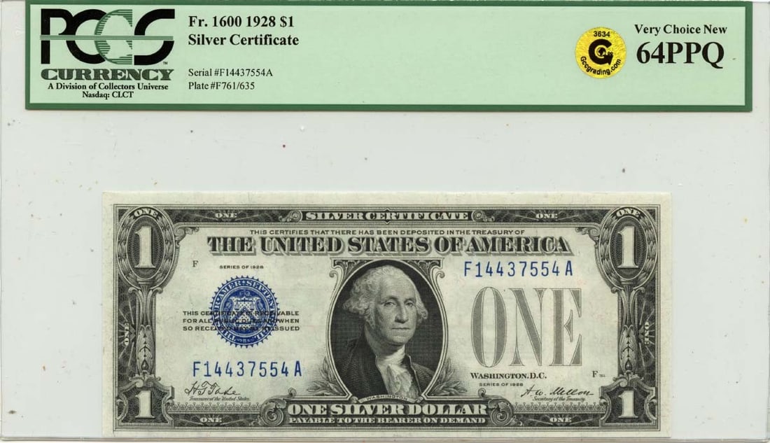 1928 United States $1 Silver Certificate PCGS Certified CU64 PPQ (1 of 2)