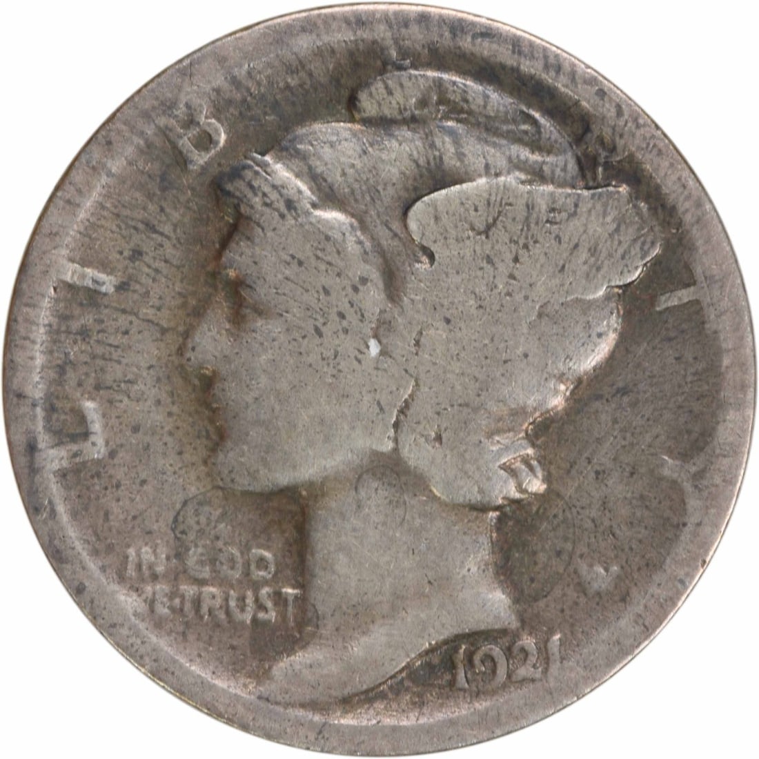 1921 Mercury Dime 10C Silver Uncertified Coin: 1921 Mercury Dime 10C Silver Uncertified Coin This 1921 Mercury Silver Dime is a historical coin from the United States, featuring the iconic design by Adolph Alexander Weinman. It has a grade of Good