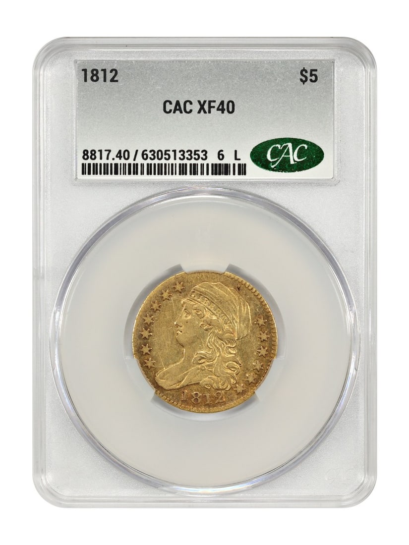 1812 Capped Bust Five Dollar Gold Coin CACG XF40 Philadelphia: 1812 Capped Bust Five Dollar Gold Coin CACG XF40 Philadelphia This 1812 Capped Bust $5 gold coin is certified by CACG with a grade of XF40. The coin features rich orange-gold coloration, nice luster, 