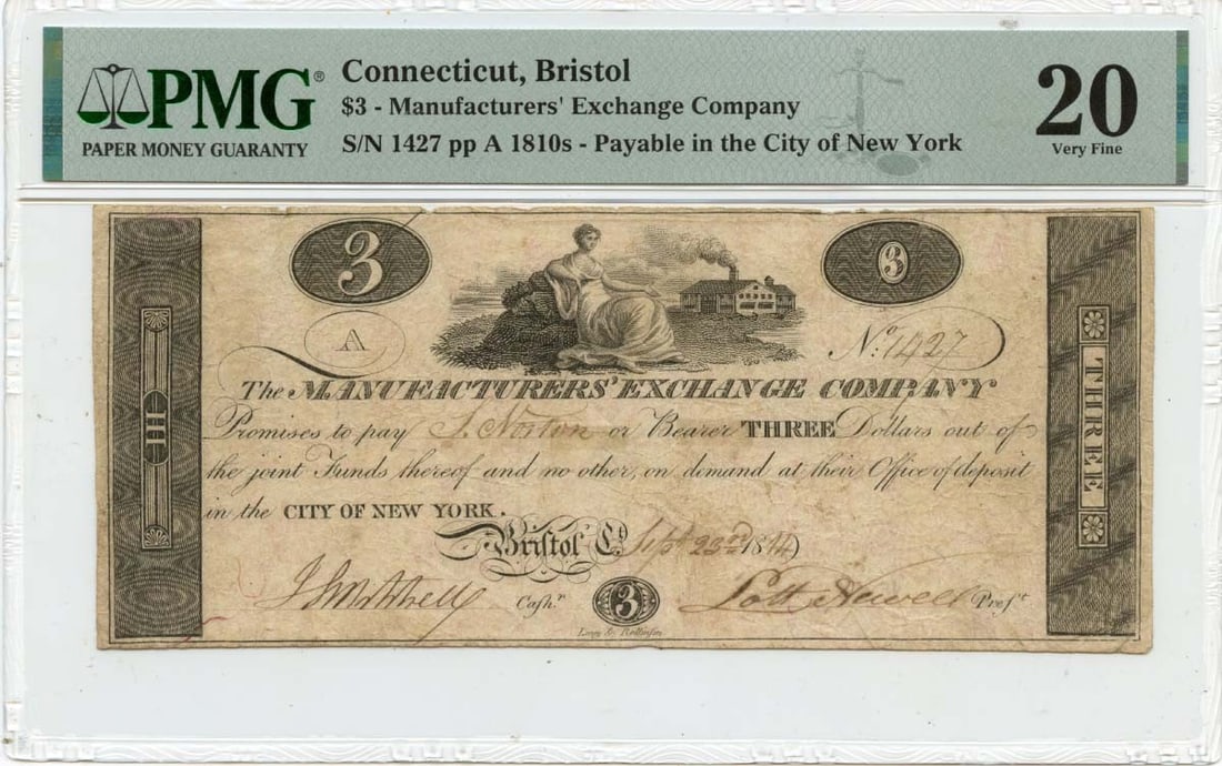 PMG VF20 1810s $3 Connecticut Manufacturers Exchange Obsolete Currency Note: PMG VF20 1810s $3 Connecticut Manufacturers Exchange Obsolete Currency Note This is an 1810s $3 Manufacturers Exchange obsolete note from Bristol, Connecticut. The note has been certified by PMG with 