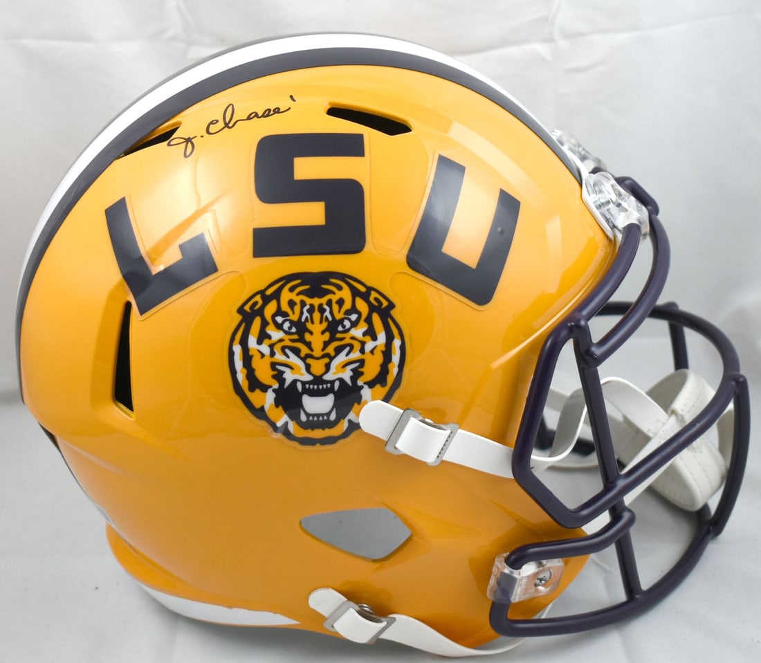 LSU Tigers Full Size Speed Helmet Signed by Ja'Marr Chase Beckett Hologram: LSU Tigers Full Size Speed Helmet Signed by Ja'Marr Chase Beckett Hologram This full-size LSU Tigers Speed helmet features the autograph of Ja'Marr Chase. It is an original, signed memorabilia item fr