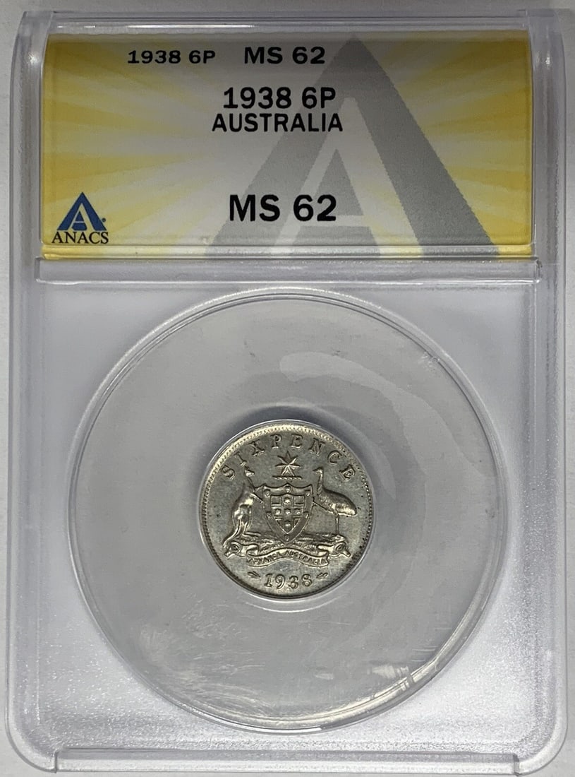 Australia 1938 Sixpence Coin ANACS MS 62 Pre-Decimal Certified: Australia 1938 Sixpence Coin ANACS MS 62 Pre-Decimal Certified This 1938 Australia 6 Pence coin is a pre-decimal issue, graded MS 62 by ANACS. It is a certified and pre-owned collectible from Australi