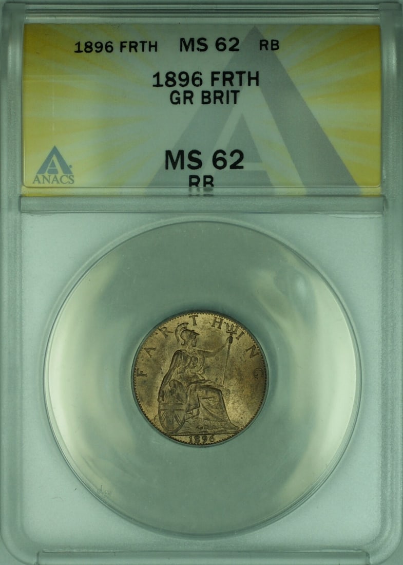 1896 United Kingdom Farthing Copper ANACS MS 62 RB Certified Coin: 1896 United Kingdom Farthing Copper ANACS MS 62 RB Certified Coin This 1896 Great Britain Farthing is a copper coin graded MS-62 Red Brown by ANACS. It originates from the United Kingdom and has a den
