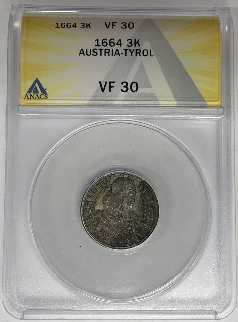 1664 Austria Tyrol Silver 3 Kreuzer ANACS Certified VF 30 Coin (1 of 2)