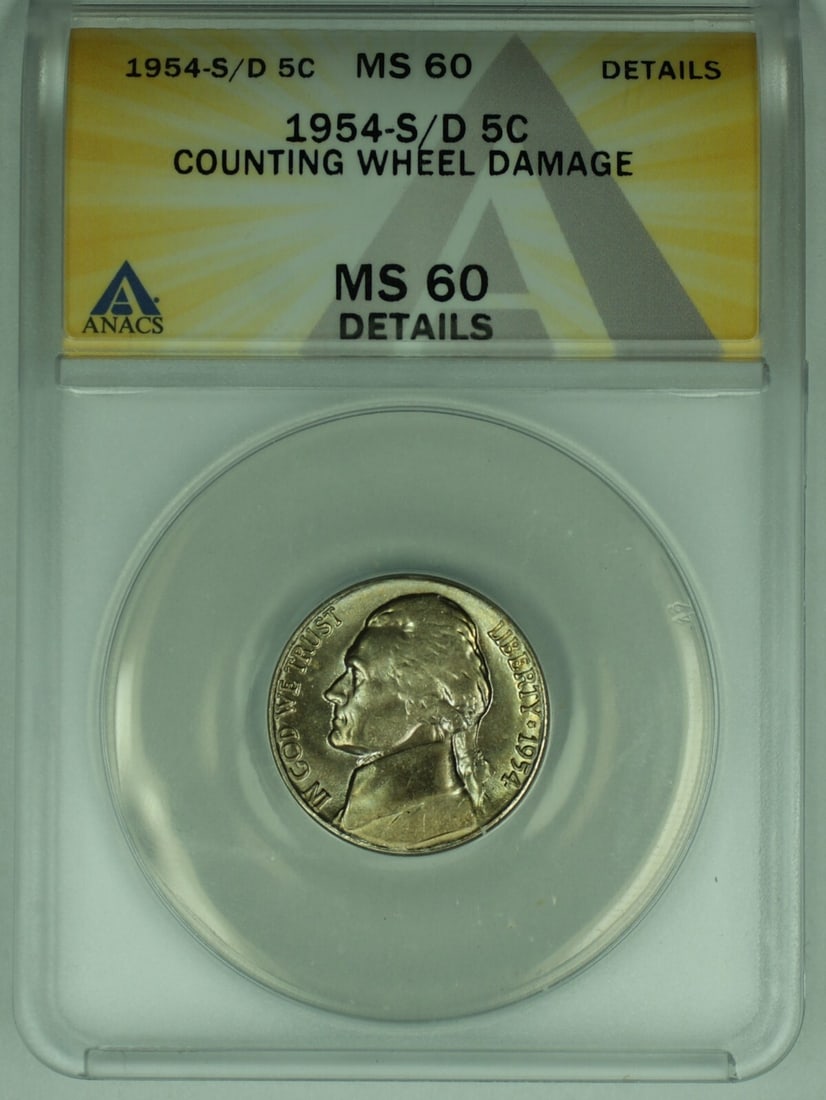 ANACS MS 60 1954-S Over D Jefferson Nickel Five Cent Coin: ANACS MS 60 1954-S Over D Jefferson Nickel Five Cent Coin This is a 1954-S/D Jefferson Nickel from the United States, featuring a denomination of 5 cents. The coin is uncirculated and has been graded 