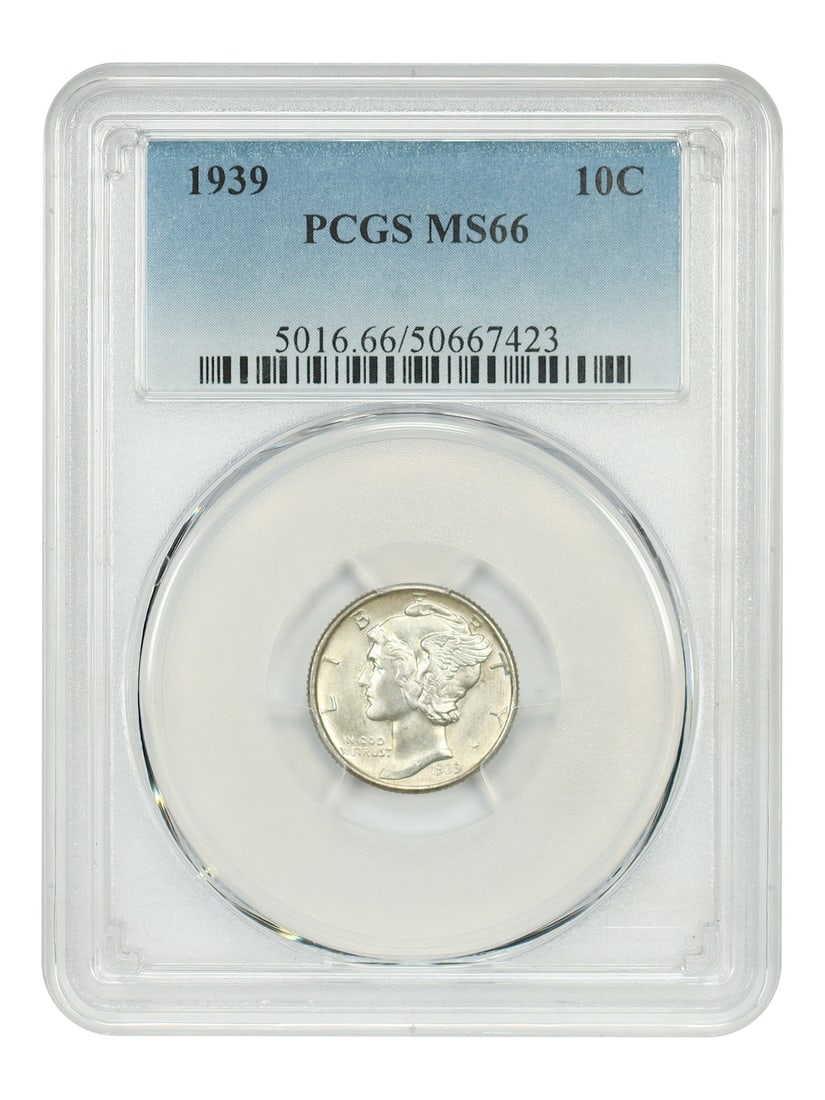 1939 Philadelphia Mercury Dime PCGS Graded MS66: 1939 Philadelphia Mercury Dime PCGS Graded MS66 This is a 1939 Mercury Dime graded MS66 by PCGS. The coin is uncirculated and was minted in Philadelphia. It belongs to the Mercury Dime series and is a