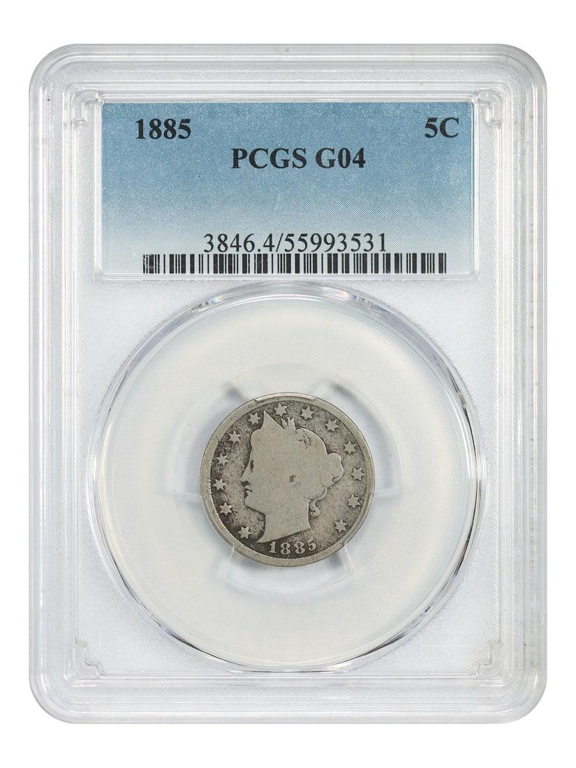PCGS Graded 1885 Liberty Nickel Five Cent Coin Good 4 Key Date: PCGS Graded 1885 Liberty Nickel Five Cent Coin Good 4 Key Date This 1885 Liberty Nickel is a key date coin from the Philadelphia Mint. Graded Good 04 by PCGS, it is a circulated example and an essenti