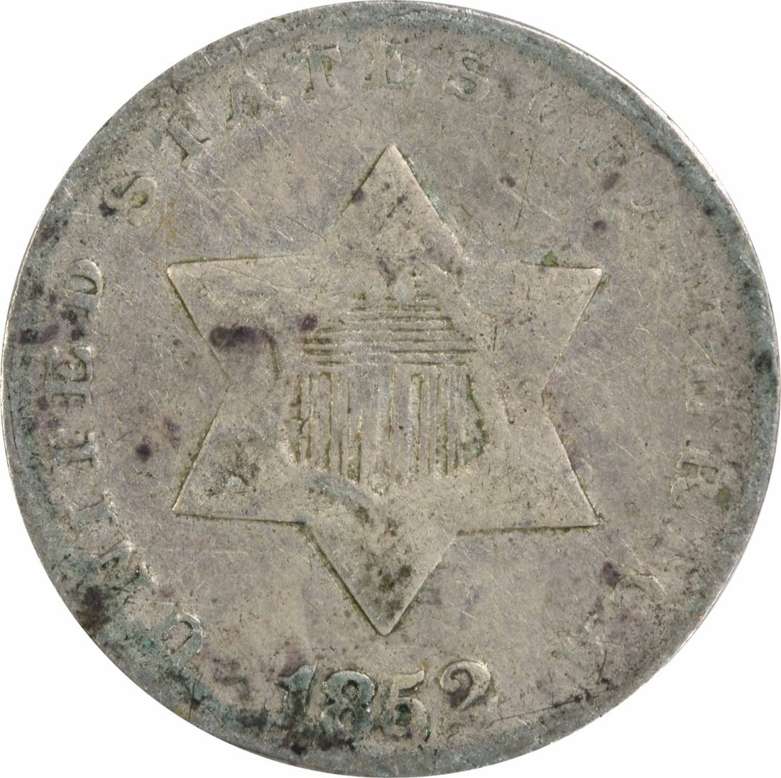 1852 Three Cent Silver Coin VF Uncertified Philadelphia Mint: 1852 Three Cent Silver Coin VF Uncertified Philadelphia Mint This 1852 Three Cent Silver coin features a grade of VF (Very Fine) and originates from the Philadelphia Mint. Composed of 75% silver and 2