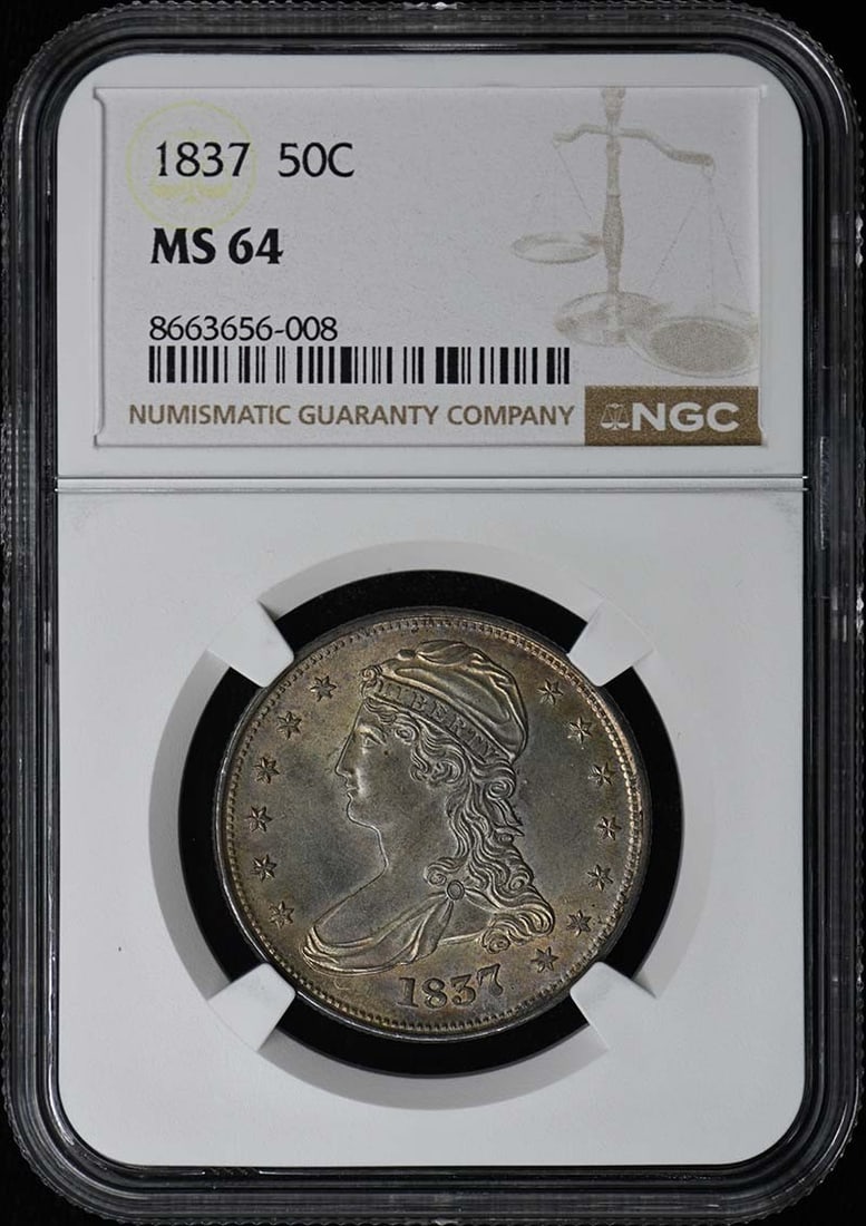 NGC MS64 1837 Capped Bust Reeded Edge Half Dollar: NGC MS64 1837 Capped Bust Reeded Edge Half Dollar This 1837 Capped Bust, Reeded Edge half dollar is an un-used coin graded MS64 by NGC. Minted in Philadelphia, it represents the Capped Bust Half Dolla