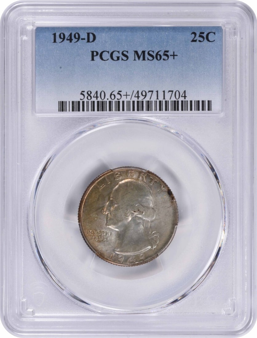 1949-D Washington Quarter MS65+ Uncirculated PCGS 90% Silver: 1949-D Washington Quarter MS65+ Uncirculated PCGS 90% Silver This 1949-D Washington Quarter is a remarkable example of numismatic craftsmanship, graded MS65+ by PCGS, indicating its exceptional qualit