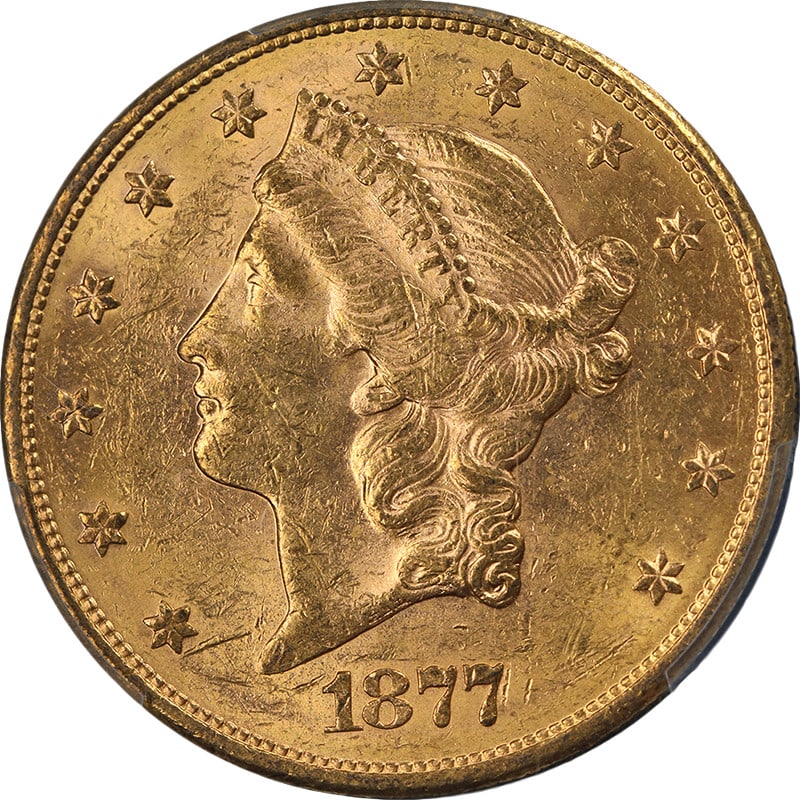 PCGS MS60 1877-S Liberty $20 Gold Coin with Lustrous Finish (1 of 4)