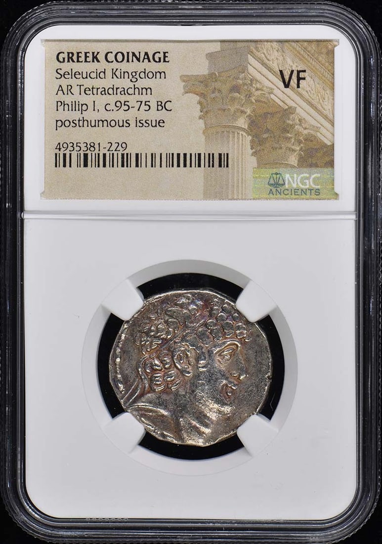 Seleucid Kingdom Greek Coin AR Phillip I 95-75 BC NGC Certified: Seleucid Kingdom Greek Coin AR Phillip I 95-75 BC NGC Certified This ancient Greek coin features the Seleucid Kingdom, specifically from the reign of Phillip I, dating back to 95-75 BC. The coin is ce
