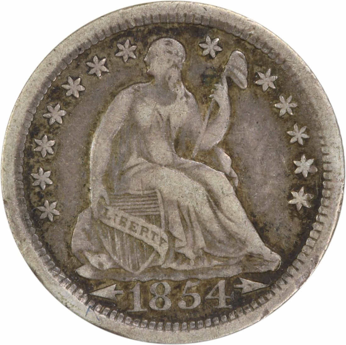1854 Liberty Seated Half Dime Silver Uncertified EF: 1854 Liberty Seated Half Dime Silver Uncertified EF This 1854 Liberty Seated Silver Half Dime is a remarkable piece of American numismatic history. Minted in Philadelphia, this circulated coin boasts 