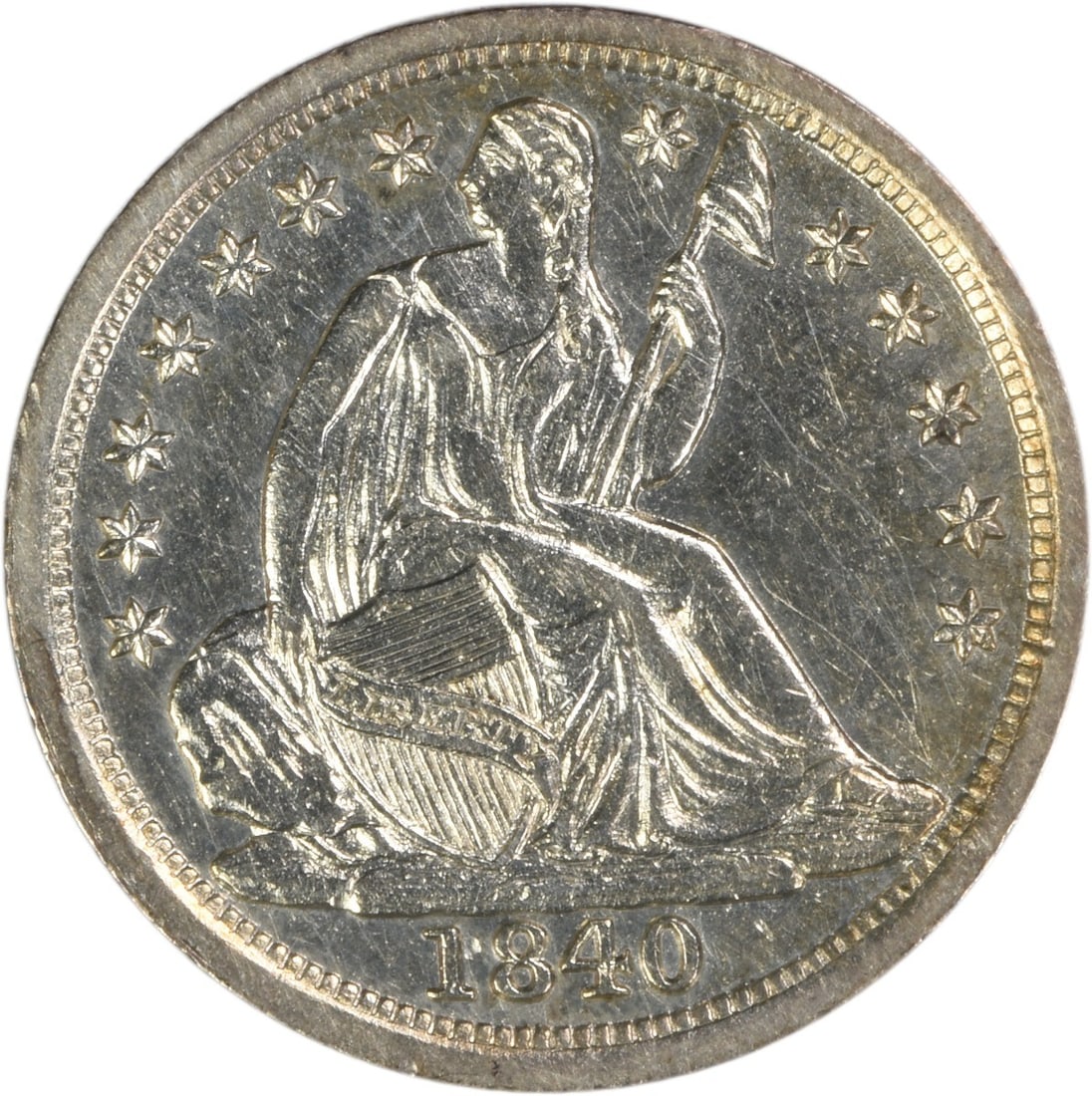 1840 Seated Liberty Half Dime No Drapery AU Grade Uncertified Silver Coin: 1840 Seated Liberty Half Dime No Drapery AU Grade Uncertified Silver Coin This 1840 Liberty Seated Silver Half Dime features the No Drapery design and was minted in Philadelphia. Designed by Christian