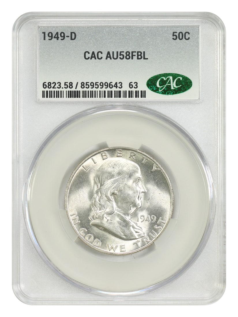 1949 Denver Franklin Half Dollar CACG AU58 FBL Key Date Coin: 1949 Denver Franklin Half Dollar CACG AU58 FBL Key Date Coin This 1949-D Franklin Half Dollar is a popular key date coin, certified by CACG with a grade of AU58FBL. Minted in Denver, it features the F