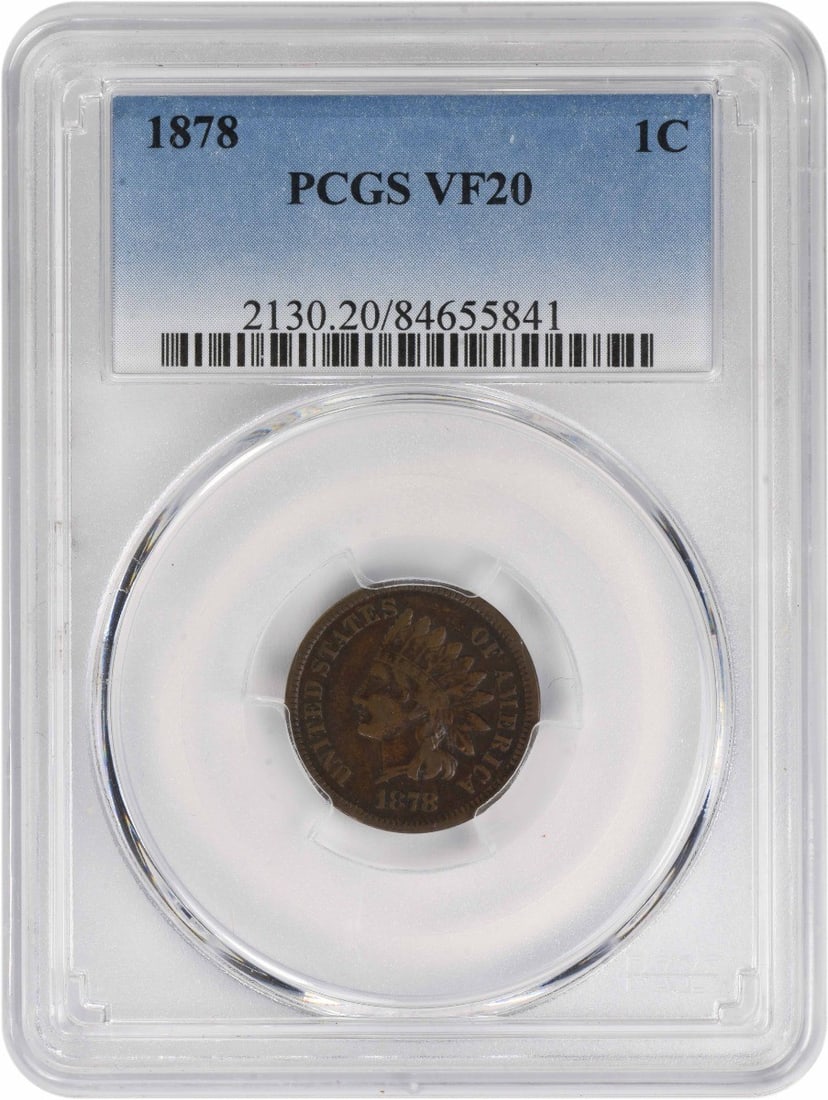 1878 Indian Head Cent VF20 PCGS Certified Coin 5.79M Mintage: 1878 Indian Head Cent VF20 PCGS Certified Coin 5.79M Mintage This 1878 Indian Cent is graded VF20 by PCGS, showcasing its circulated condition. Minted in Philadelphia, this small cent features the ico