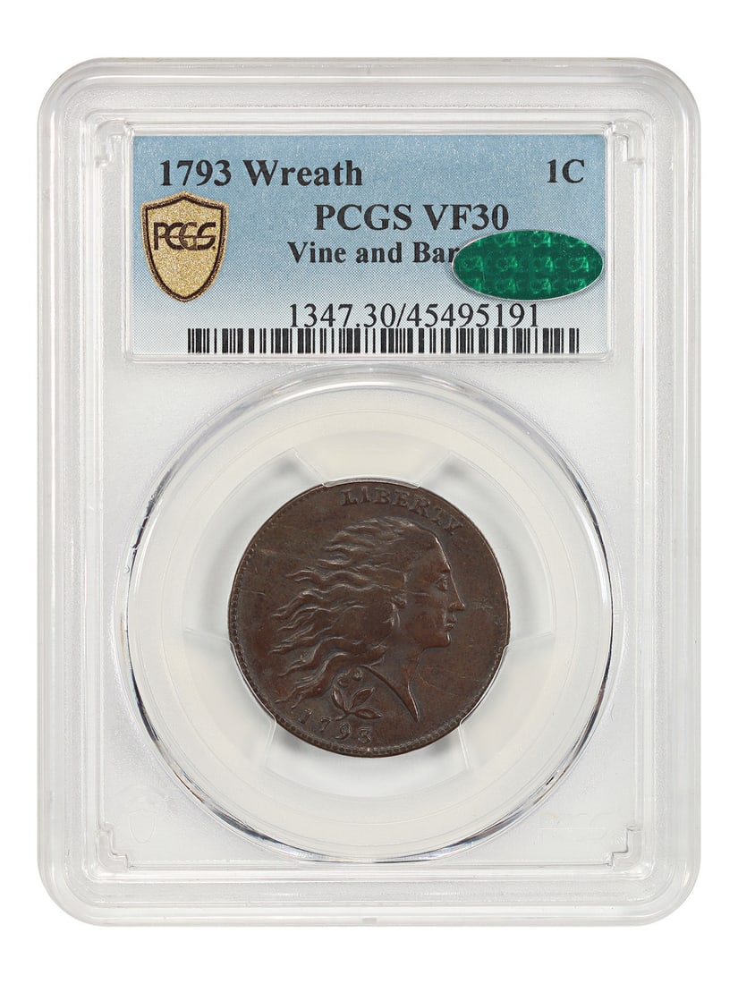 1793 Wreath Flowing Hair Large Cent Vine and Bars Edge PCGS CAC VF30: 1793 Wreath Flowing Hair Large Cent Vine and Bars Edge PCGS CAC VF30 This 1793 Wreath Flowing Hair Large Cent features the Vine and Bars edge and is certified by PCGS with CAC approval. Graded VF30 (B