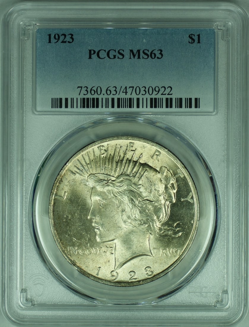 1923 Peace Dollar Silver Coin PCGS MS63 Philadelphia Mint Certified: 1923 Peace Dollar Silver Coin PCGS MS63 Philadelphia Mint Certified This is a 1923 Peace Silver Dollar graded MS-63 by PCGS. The coin is uncirculated and composed of 90% silver. Minted in Philadelphia