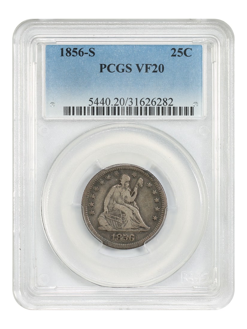 1856 San Francisco Liberty Seated Quarter PCGS VF20 Certified 25C Coin: 1856 San Francisco Liberty Seated Quarter PCGS VF20 Certified 25C Coin This 1856-S Liberty Seated Quarter is graded VF20 by PCGS and features a low mintage of 286,000 coins. The coin displays deep rus