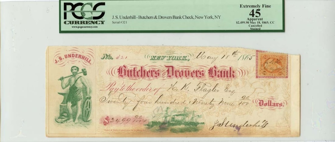 Drovers Bank New York 1865 Check J.S. Underhill PCGS XF45 Certified (1 of 2)