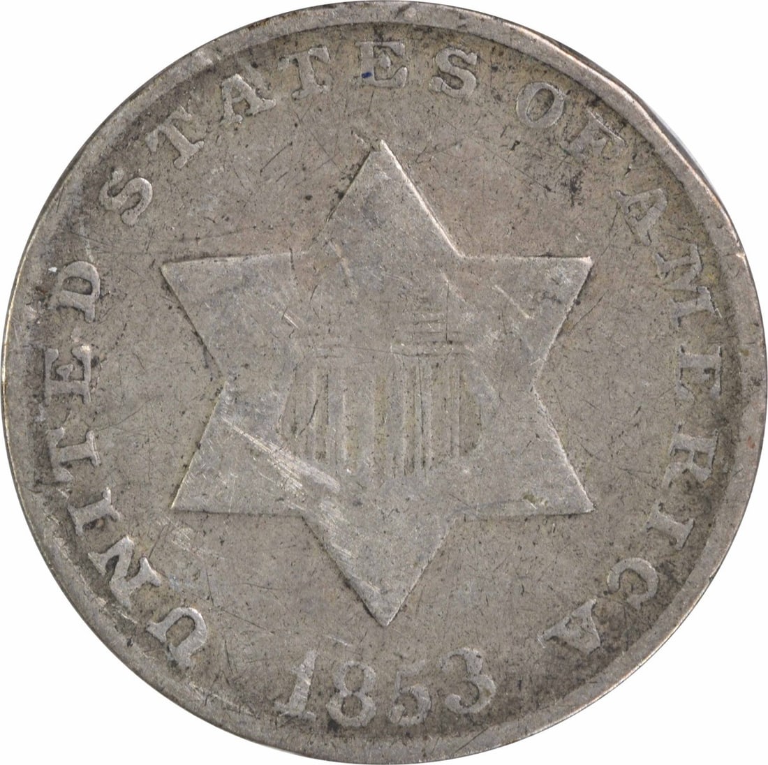 1853 Three Cent Silver Coin F Uncertified Philadelphia Mint: 1853 Three Cent Silver Coin F Uncertified Philadelphia Mint This 1853 Three Cent Silver coin, originating from the United States, features a composition of 75% silver and 25% copper. It was minted in 