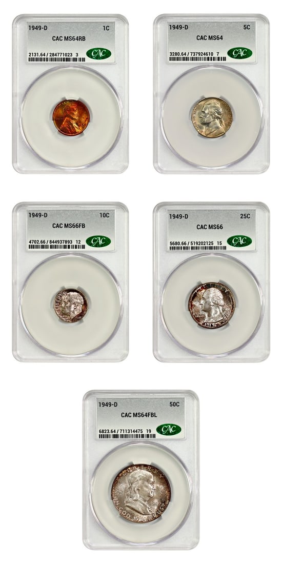 1949-D Mint Set CACG Graded MS64-66 Five Coin Collection Uncirculated: 1949-D Mint Set CACG Graded MS64-66 Five Coin Collection Uncirculated This is a 1949-D Mint Set featuring five uncirculated coins certified by CACG, with grades ranging from MS64 to MS66. The set incl
