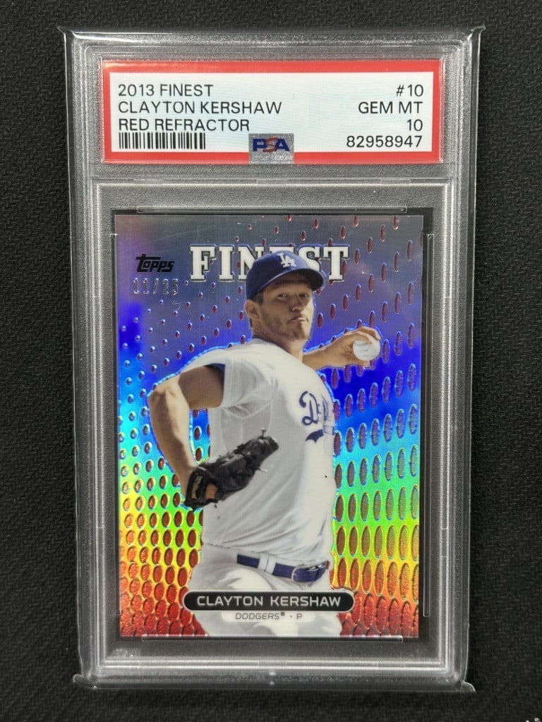 Clayton Kershaw 2013 Topps Finest Red Refractor PSA 10 #10: Clayton Kershaw 2013 Topps Finest Red Refractor PSA 10 #10 This is a 2013 Topps Finest Red Refractor Baseball Card featuring Clayton Kershaw, a standout player for the Los Angeles Dodgers. This card, 