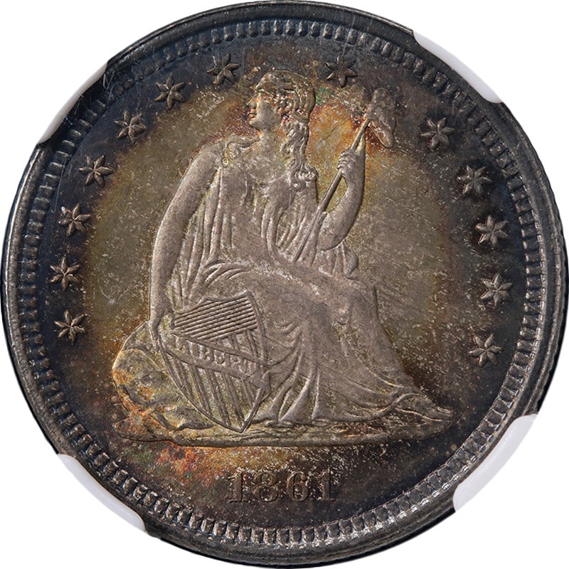 NGC MS66 Silver 1861 Seated Liberty Quarter Philadelphia Mint: NGC MS66 Silver 1861 Seated Liberty Quarter Philadelphia Mint This 1861-P Seated Liberty Quarter is certified by NGC with a grade of MS66, indicating an uncirculated coin with superb eye appeal. It fe